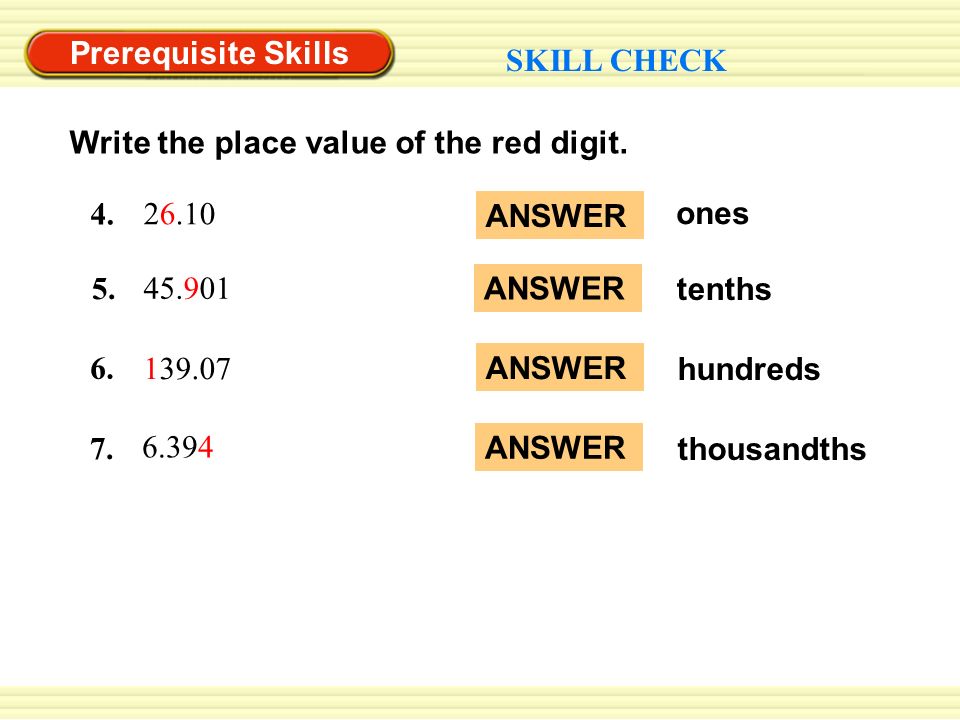 Prerequisite Skills SKILL CHECK Write the place value of the red digit.