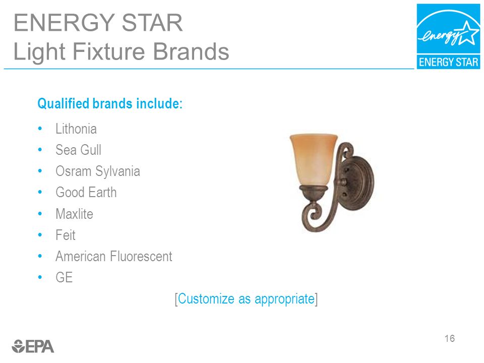 16 ENERGY STAR Light Fixture Brands Qualified brands include: Lithonia Sea Gull Osram Sylvania Good Earth Maxlite Feit American Fluorescent GE [Customize as appropriate]