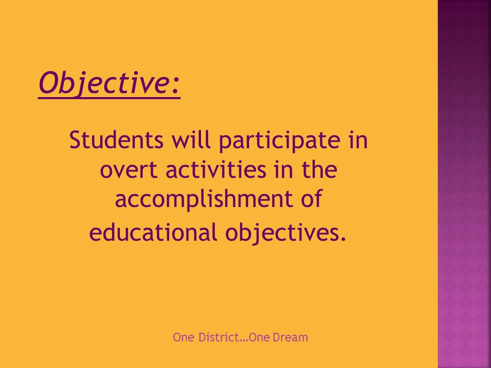 Objective: Students will participate in overt activities in the accomplishment of educational objectives.