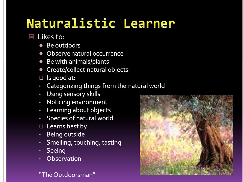 Likes to: Be outdoors Observe natural occurrence Be with animals/plants Create/collect natural objects  Is good at: Categorizing things from the natural world Using sensory skills Noticing environment Learning about objects Species of natural world  Learns best by: Being outside Smelling, touching, tasting Seeing Observation The Outdoorsman