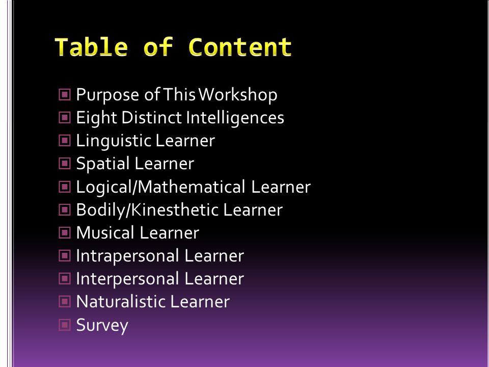 Purpose of This Workshop Eight Distinct Intelligences Linguistic Learner Spatial Learner Logical/Mathematical Learner Bodily/Kinesthetic Learner Musical Learner Intrapersonal Learner Interpersonal Learner Naturalistic Learner Survey