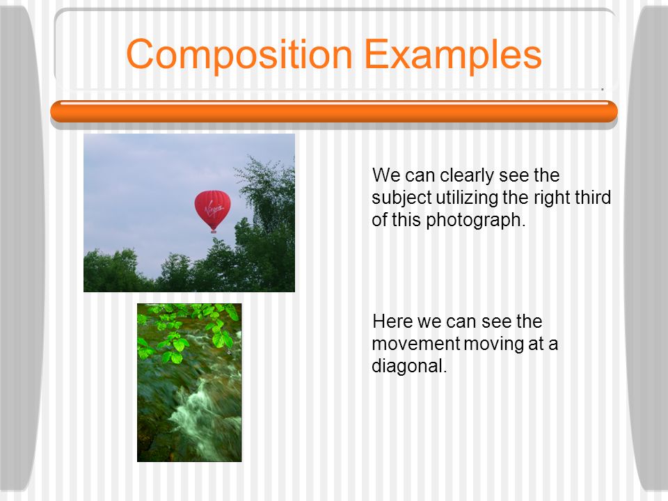 Composition Examples We can clearly see the subject utilizing the right third of this photograph.