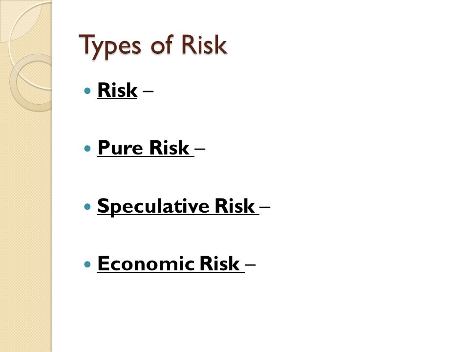 Types of Risk Risk – Pure Risk – Speculative Risk – Economic Risk –