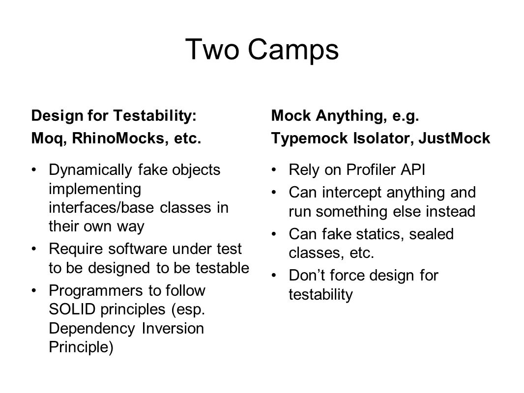 Two Camps Design for Testability: Moq, RhinoMocks, etc.