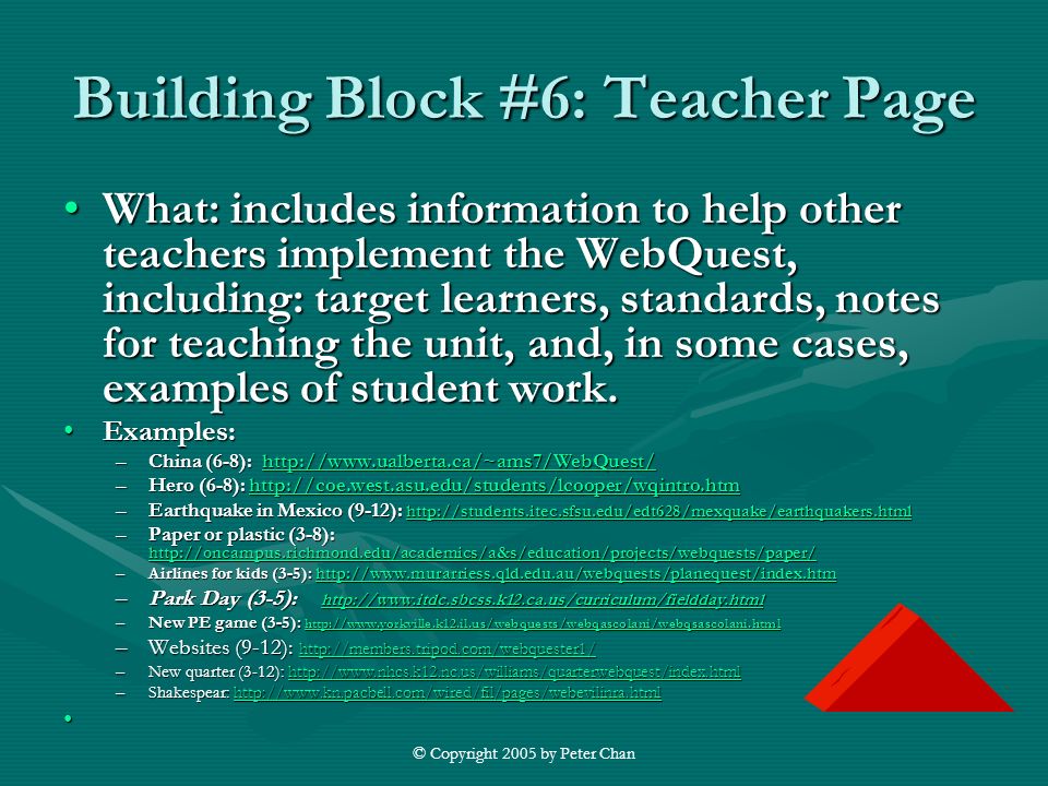 © Copyright 2005 by Peter Chan Building Block #6: Teacher Page What: includes information to help other teachers implement the WebQuest, including: target learners, standards, notes for teaching the unit, and, in some cases, examples of student work.What: includes information to help other teachers implement the WebQuest, including: target learners, standards, notes for teaching the unit, and, in some cases, examples of student work.