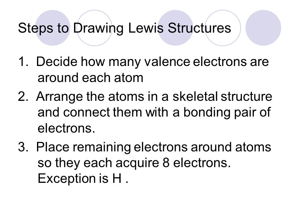 Steps to Drawing Lewis Structures 1. Decide how many valence electrons are around each atom 2.