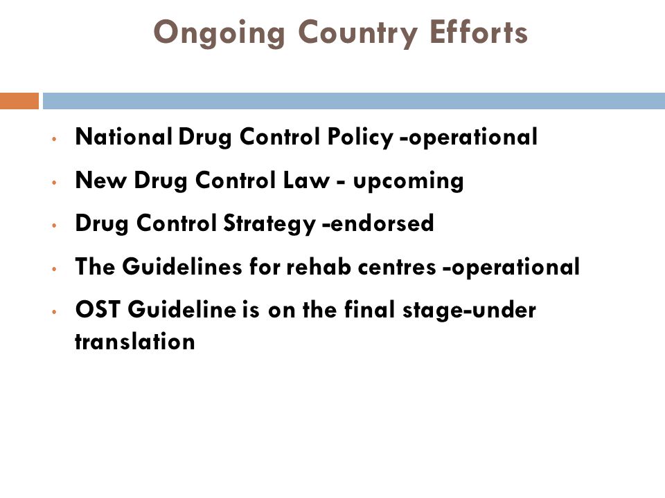 Ongoing Country Efforts National Drug Control Policy -operational New Drug Control Law - upcoming Drug Control Strategy -endorsed The Guidelines for rehab centres -operational OST Guideline is on the final stage-under translation