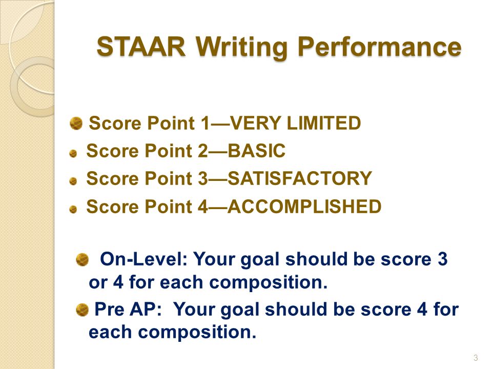 STAAR Writing Performance Score Point 1—VERY LIMITED Score Point 2—BASIC Score Point 3—SATISFACTORY Score Point 4—ACCOMPLISHED On-Level: Your goal should be score 3 or 4 for each composition.