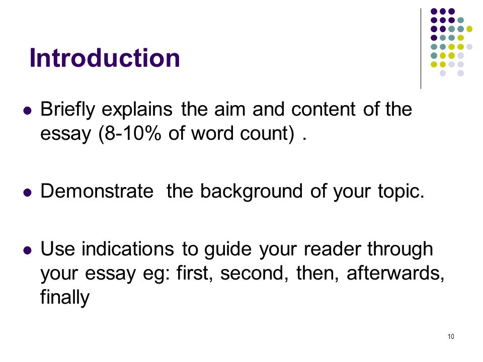 10 Introduction Briefly explains the aim and content of the essay (8-10% of word count).