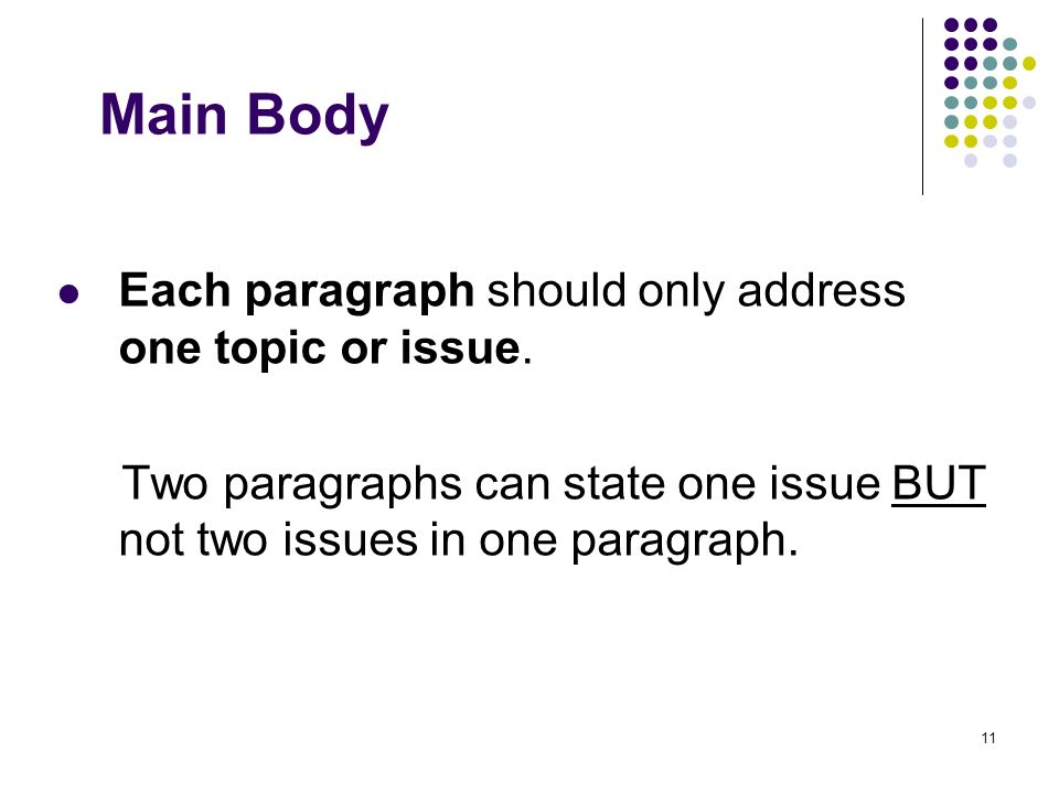 11 Main Body Each paragraph should only address one topic or issue.