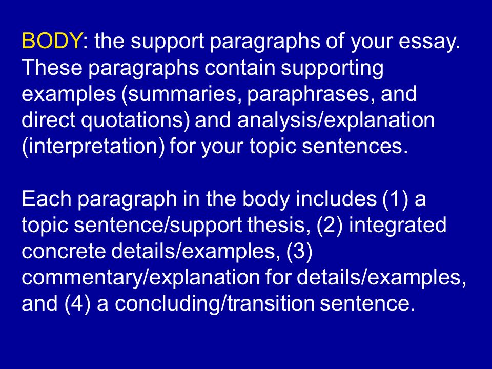 BODY: the support paragraphs of your essay.