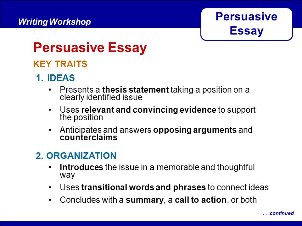 After Reading KEY TRAITS Writing Workshop Persuasive Essay...continued 1.IDEAS 2.