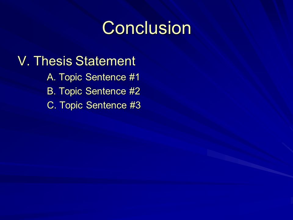 Conclusion V. Thesis Statement A. Topic Sentence #1 B. Topic Sentence #2 C. Topic Sentence #3