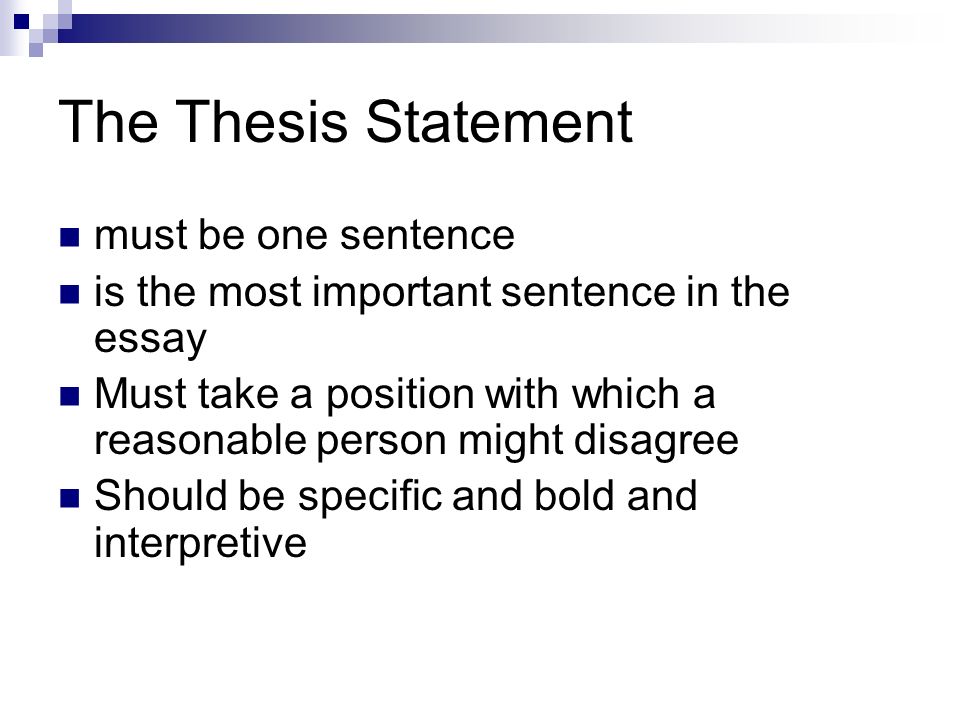 The Thesis Statement must be one sentence is the most important sentence in the essay Must take a position with which a reasonable person might disagree Should be specific and bold and interpretive