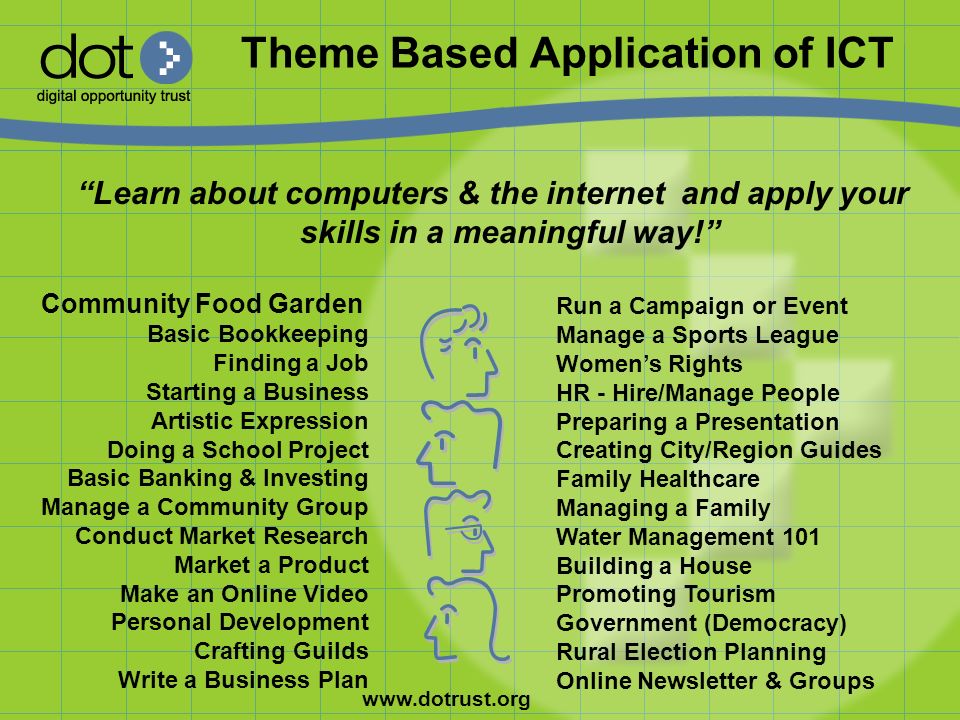 Theme Based Application of ICT Learn about computers & the internet and apply your skills in a meaningful way! Community Food Garden Basic Bookkeeping Finding a Job Starting a Business Artistic Expression Doing a School Project Basic Banking & Investing Manage a Community Group Conduct Market Research Market a Product Make an Online Video Personal Development Crafting Guilds Write a Business Plan Run a Campaign or Event Manage a Sports League Women’s Rights HR - Hire/Manage People Preparing a Presentation Creating City/Region Guides Family Healthcare Managing a Family Water Management 101 Building a House Promoting Tourism Government (Democracy) Rural Election Planning Online Newsletter & Groups