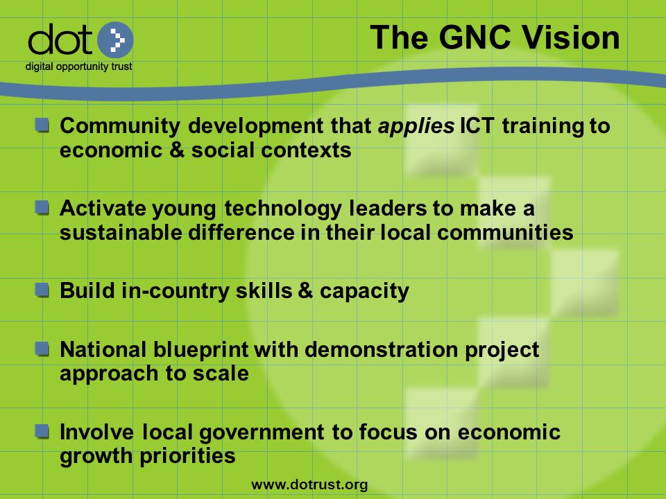 The GNC Vision Community development that applies ICT training to economic & social contexts Activate young technology leaders to make a sustainable difference in their local communities Build in-country skills & capacity National blueprint with demonstration project approach to scale Involve local government to focus on economic growth priorities