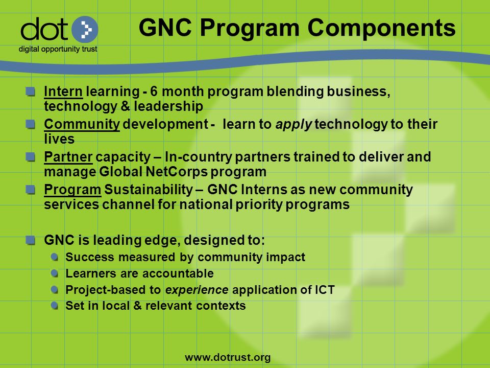 GNC Program Components Intern learning - 6 month program blending business, technology & leadership Community development - learn to apply technology to their lives Partner capacity – In-country partners trained to deliver and manage Global NetCorps program Program Sustainability – GNC Interns as new community services channel for national priority programs GNC is leading edge, designed to: Success measured by community impact Learners are accountable Project-based to experience application of ICT Set in local & relevant contexts