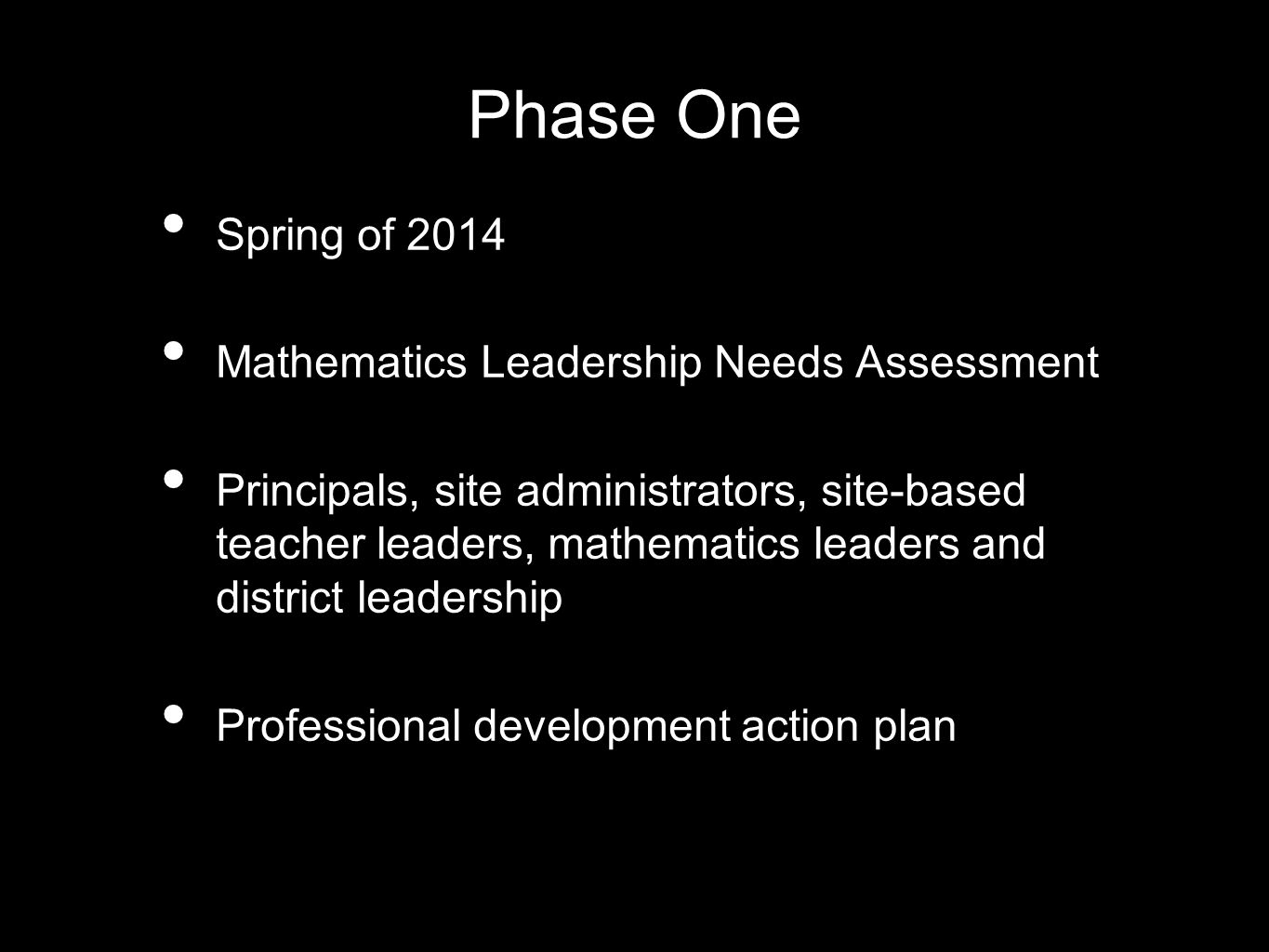 Phase One Spring of 2014 Mathematics Leadership Needs Assessment Principals, site administrators, site-based teacher leaders, mathematics leaders and district leadership Professional development action plan