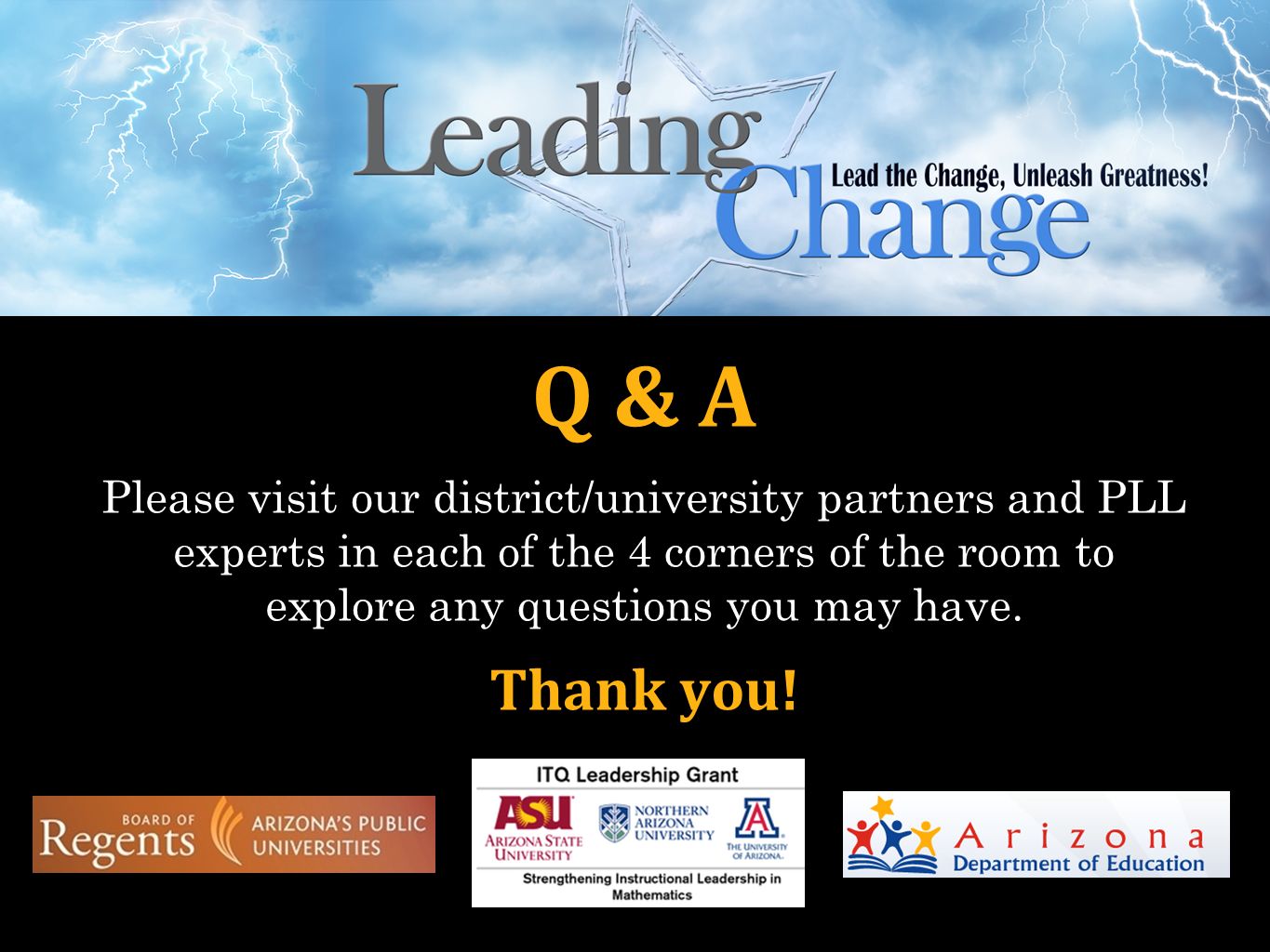 Q & A Please visit our district/university partners and PLL experts in each of the 4 corners of the room to explore any questions you may have.