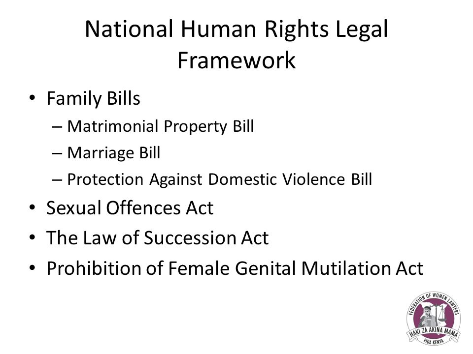 National Human Rights Legal Framework Family Bills – Matrimonial Property Bill – Marriage Bill – Protection Against Domestic Violence Bill Sexual Offences Act The Law of Succession Act Prohibition of Female Genital Mutilation Act