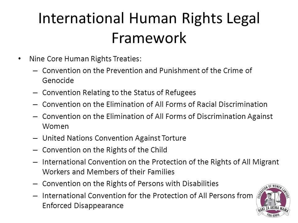 International Human Rights Legal Framework Nine Core Human Rights Treaties: – Convention on the Prevention and Punishment of the Crime of Genocide – Convention Relating to the Status of Refugees – Convention on the Elimination of All Forms of Racial Discrimination – Convention on the Elimination of All Forms of Discrimination Against Women – United Nations Convention Against Torture – Convention on the Rights of the Child – International Convention on the Protection of the Rights of All Migrant Workers and Members of their Families – Convention on the Rights of Persons with Disabilities – International Convention for the Protection of All Persons from Enforced Disappearance