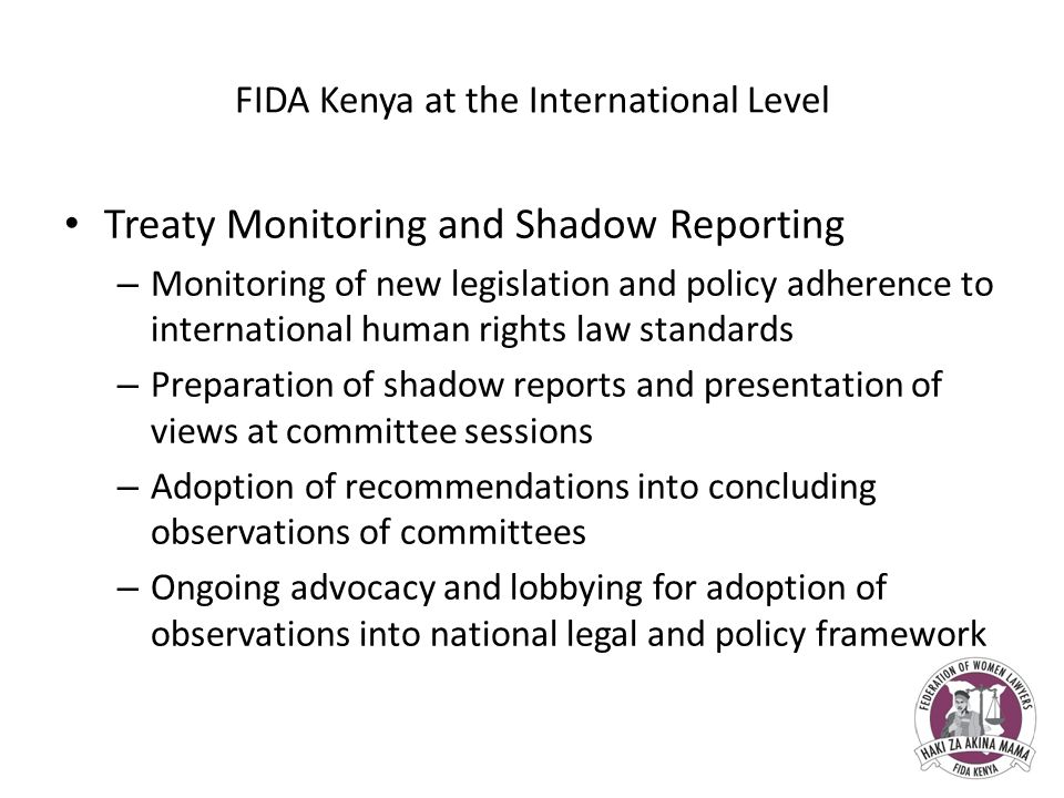 FIDA Kenya at the International Level Treaty Monitoring and Shadow Reporting – Monitoring of new legislation and policy adherence to international human rights law standards – Preparation of shadow reports and presentation of views at committee sessions – Adoption of recommendations into concluding observations of committees – Ongoing advocacy and lobbying for adoption of observations into national legal and policy framework