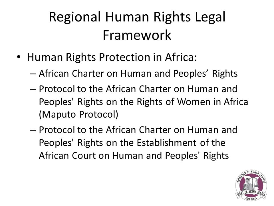 Regional Human Rights Legal Framework Human Rights Protection in Africa: – African Charter on Human and Peoples’ Rights – Protocol to the African Charter on Human and Peoples Rights on the Rights of Women in Africa (Maputo Protocol) – Protocol to the African Charter on Human and Peoples Rights on the Establishment of the African Court on Human and Peoples Rights