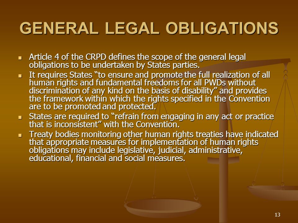 13 GENERAL LEGAL OBLIGATIONS Article 4 of the CRPD defines the scope of the general legal obligations to be undertaken by States parties.