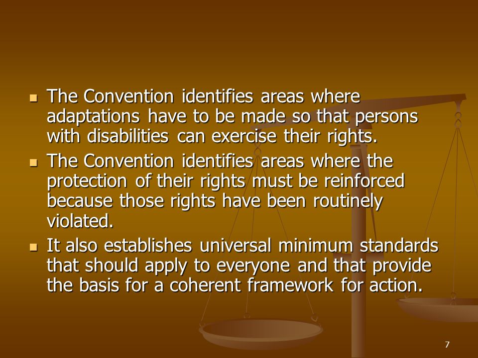 7 The Convention identifies areas where adaptations have to be made so that persons with disabilities can exercise their rights.