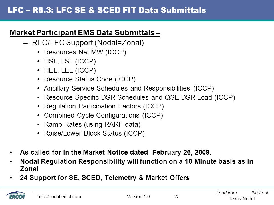 Lead from the front Texas Nodal Version LFC – R6.3: LFC SE & SCED FIT Data Submittals Market Participant EMS Data Submittals – –RLC/LFC Support (Nodal=Zonal) Resources Net MW (ICCP) HSL, LSL (ICCP) HEL, LEL (ICCP) Resource Status Code (ICCP) Ancillary Service Schedules and Responsibilities (ICCP) Resource Specific DSR Schedules and QSE DSR Load (ICCP) Regulation Participation Factors (ICCP) Combined Cycle Configurations (ICCP) Ramp Rates (using RARF data) Raise/Lower Block Status (ICCP) As called for in the Market Notice dated February 26, 2008.