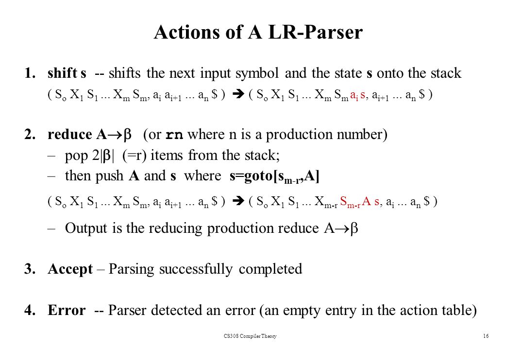 CS308 Compiler Theory16 Actions of A LR-Parser 1.shift s -- shifts the next input symbol and the state s onto the stack ( S o X 1 S 1...