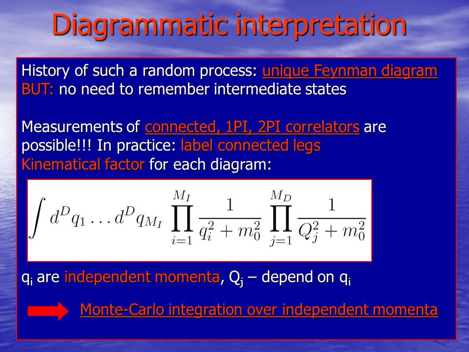 Diagrammatic interpretation History of such a random process: unique Feynman diagram BUT: no need to remember intermediate states Measurements of connected, 1PI, 2PI correlators are possible!!.