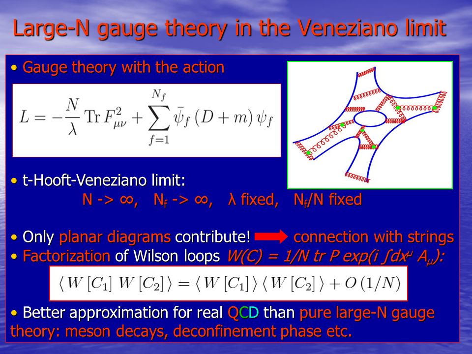 Large-N gauge theory in the Veneziano limit Gauge theory with the action Gauge theory with the action t-Hooft-Veneziano limit: t-Hooft-Veneziano limit: N -> ∞, N f -> ∞, λ fixed, N f /N fixed N -> ∞, N f -> ∞, λ fixed, N f /N fixed Only planar diagrams contribute.