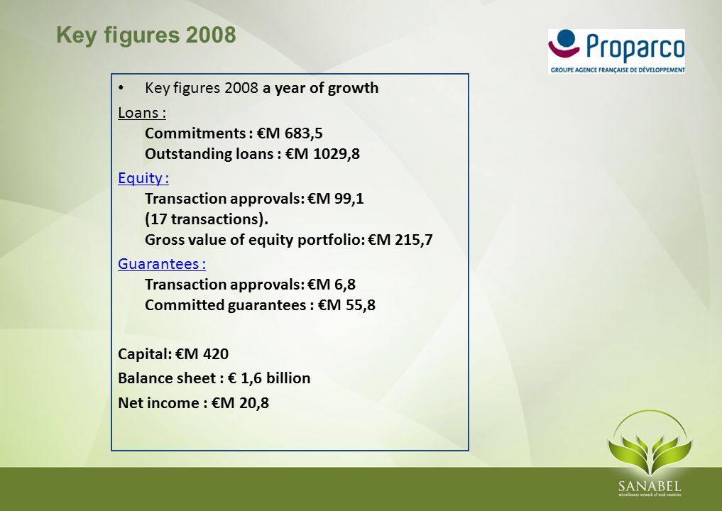 Key figures 2008 Key figures 2008 a year of growth Loans : Commitments : €M 683,5 Outstanding loans : €M 1029,8 Equity : Equity : Transaction approvals: €M 99,1 (17 transactions).