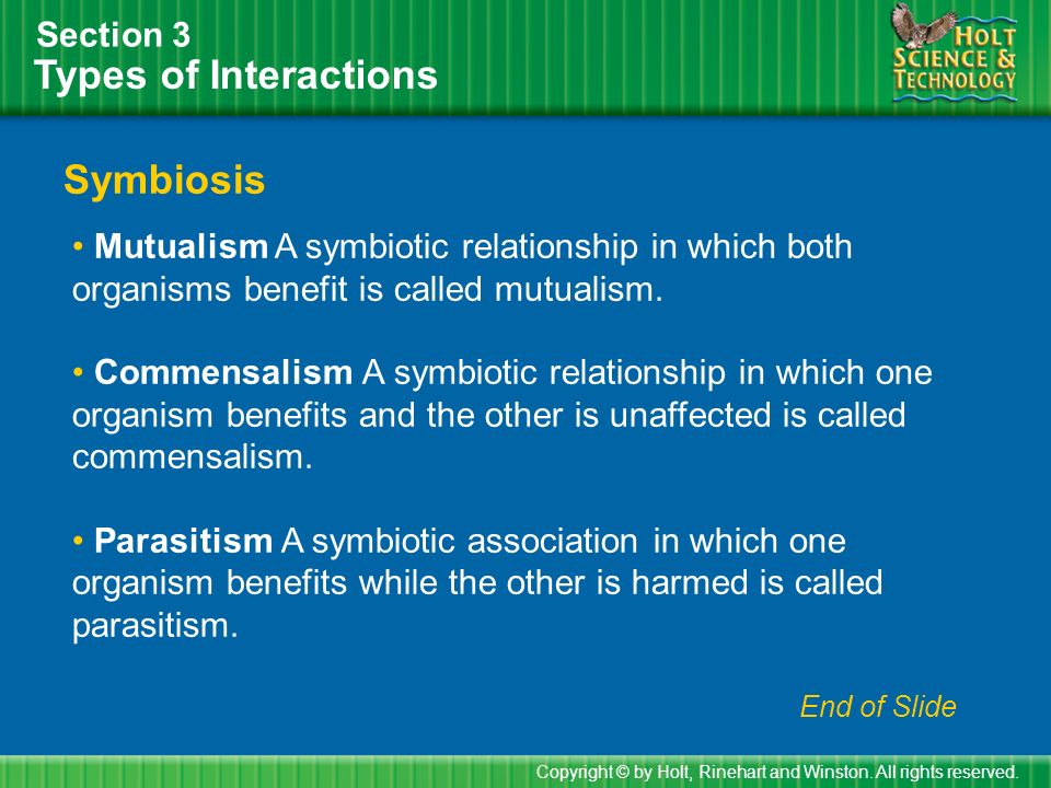 Types of Interactions Section 3 Symbiosis Copyright © by Holt, Rinehart and Winston.