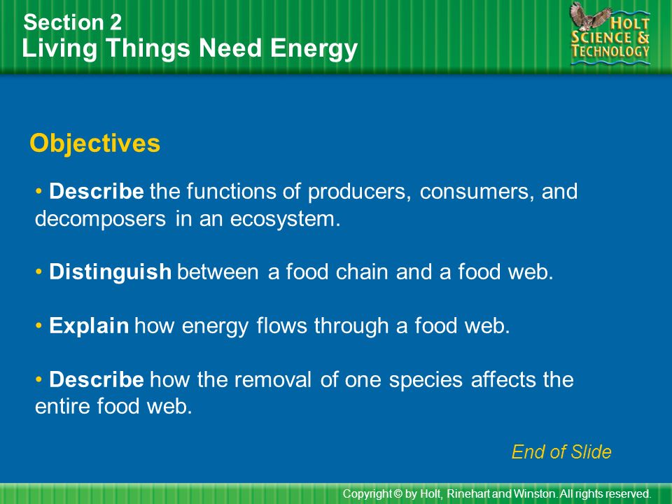 Living Things Need Energy Section 2 Objectives Describe the functions of producers, consumers, and decomposers in an ecosystem.