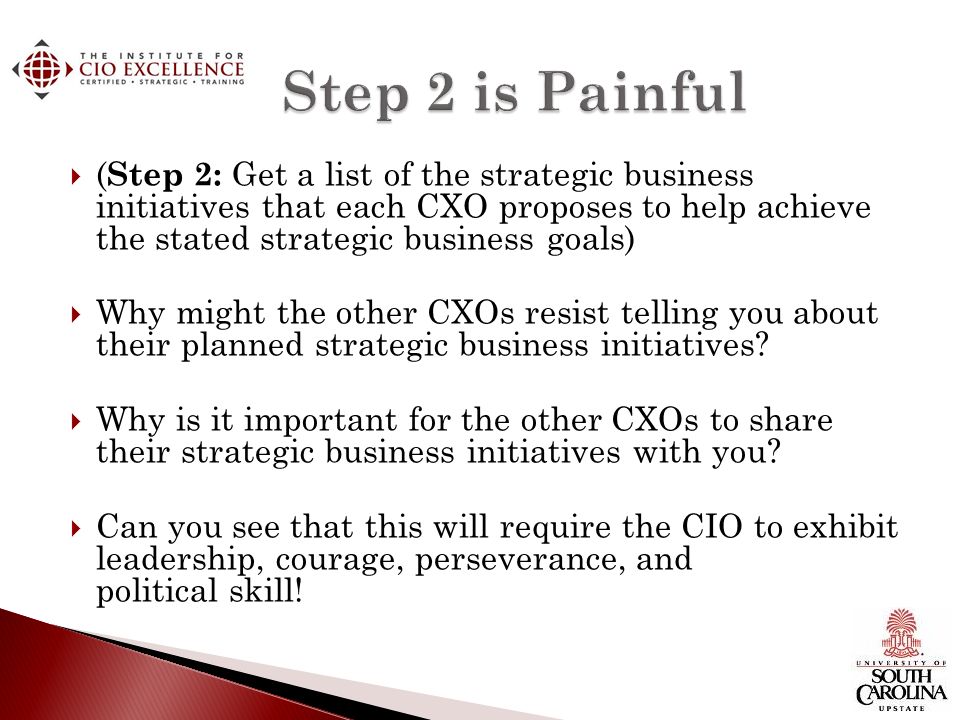  ( Step 2: Get a list of the strategic business initiatives that each CXO proposes to help achieve the stated strategic business goals)  Why might the other CXOs resist telling you about their planned strategic business initiatives.