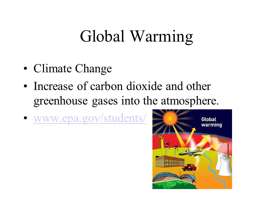 Global Warming Climate Change Increase of carbon dioxide and other greenhouse gases into the atmosphere.