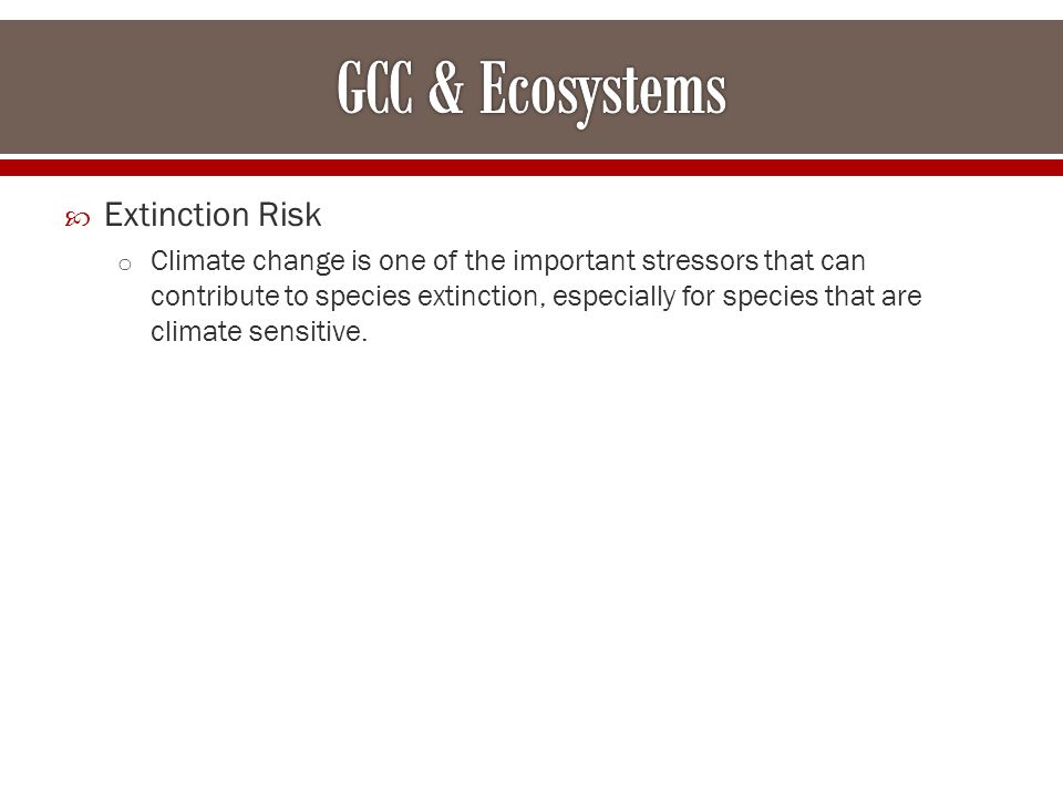  Extinction Risk o Climate change is one of the important stressors that can contribute to species extinction, especially for species that are climate sensitive.