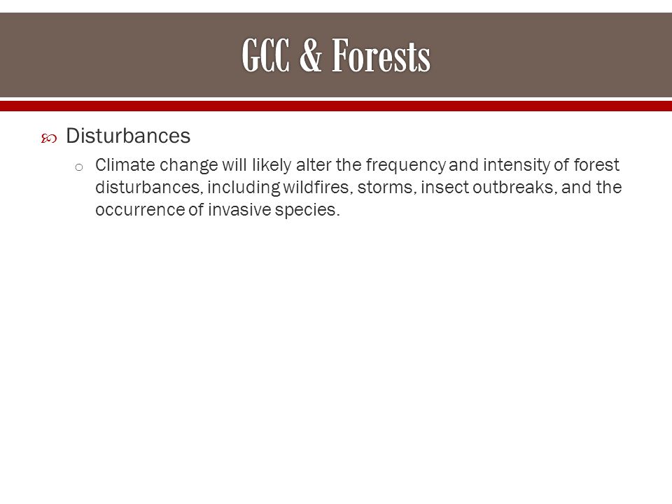  Disturbances o Climate change will likely alter the frequency and intensity of forest disturbances, including wildfires, storms, insect outbreaks, and the occurrence of invasive species.