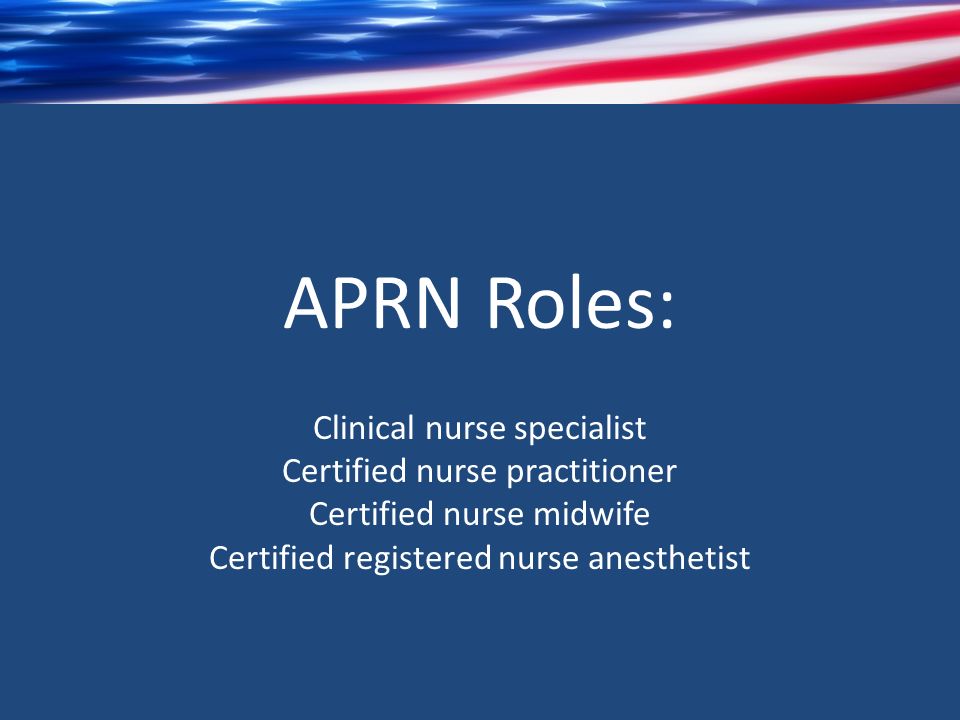 APRN Roles: Clinical nurse specialist Certified nurse practitioner Certified nurse midwife Certified registered nurse anesthetist