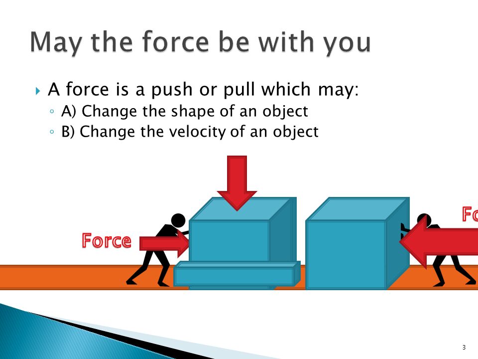  A force is a push or pull which may: ◦ A) Change the shape of an object ◦ B) Change the velocity of an object 3