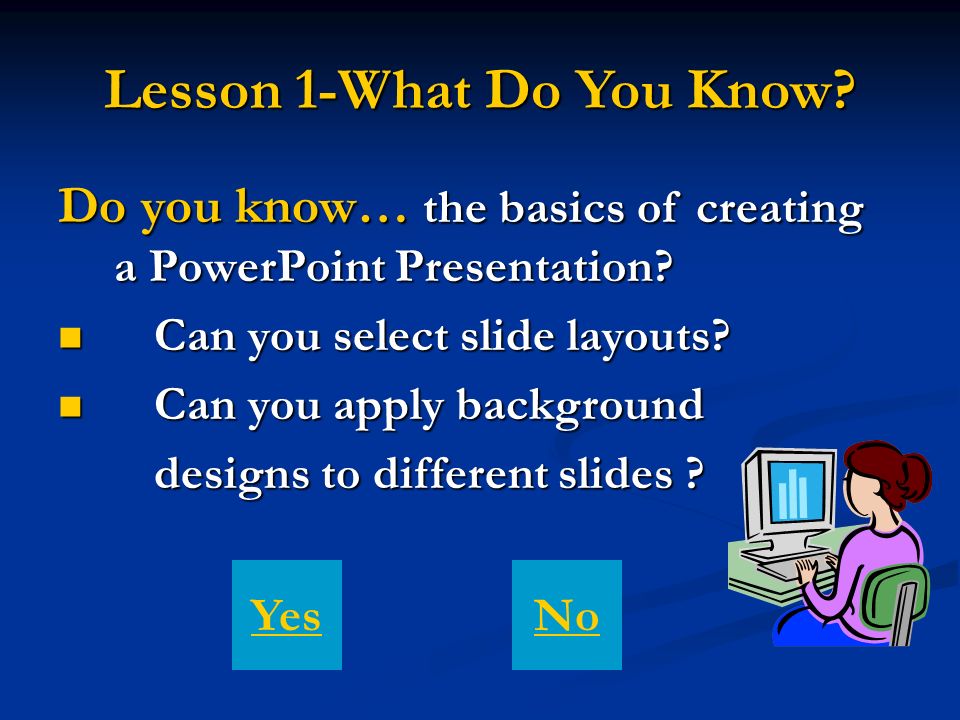 Lesson 1-What Do You Know. Do you know… the basics of creating a PowerPoint Presentation.