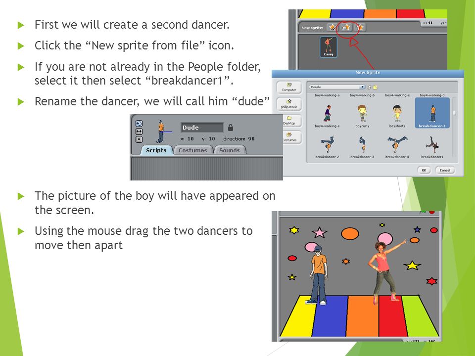  First we will create a second dancer.  Click the New sprite from file icon.