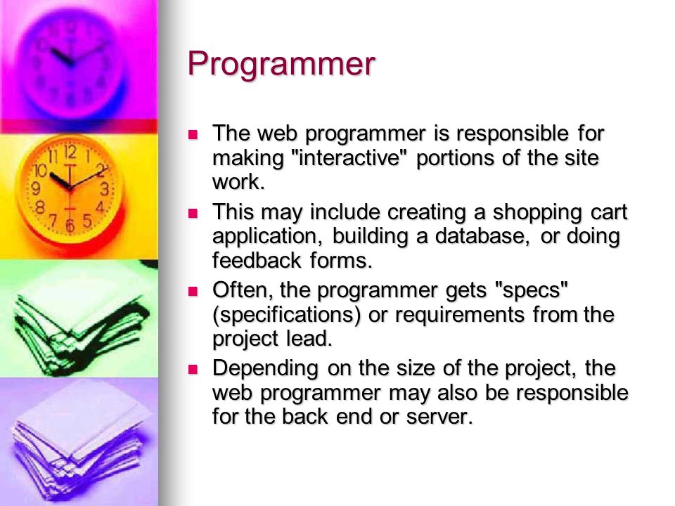 Programmer The web programmer is responsible for making interactive portions of the site work.