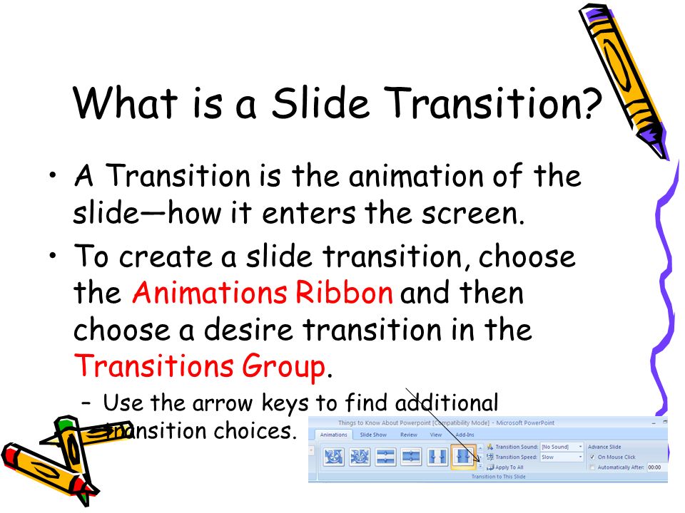 What is a Slide Transition. A Transition is the animation of the slide—how it enters the screen.