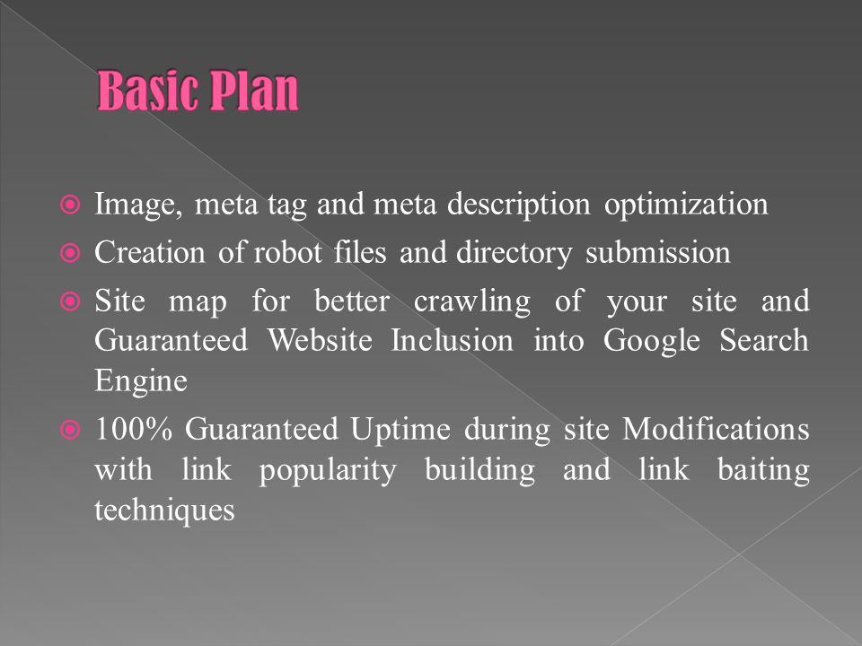  Image, meta tag and meta description optimization  Creation of robot files and directory submission  Site map for better crawling of your site and Guaranteed Website Inclusion into Google Search Engine  100% Guaranteed Uptime during site Modifications with link popularity building and link baiting techniques