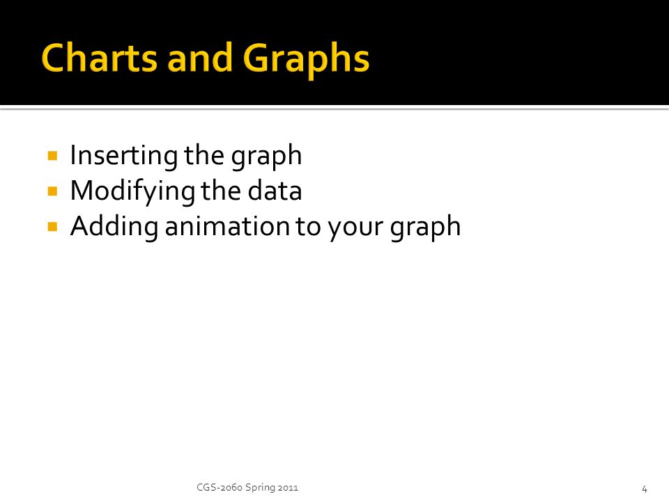  Inserting the graph  Modifying the data  Adding animation to your graph 4CGS-2060 Spring 2011