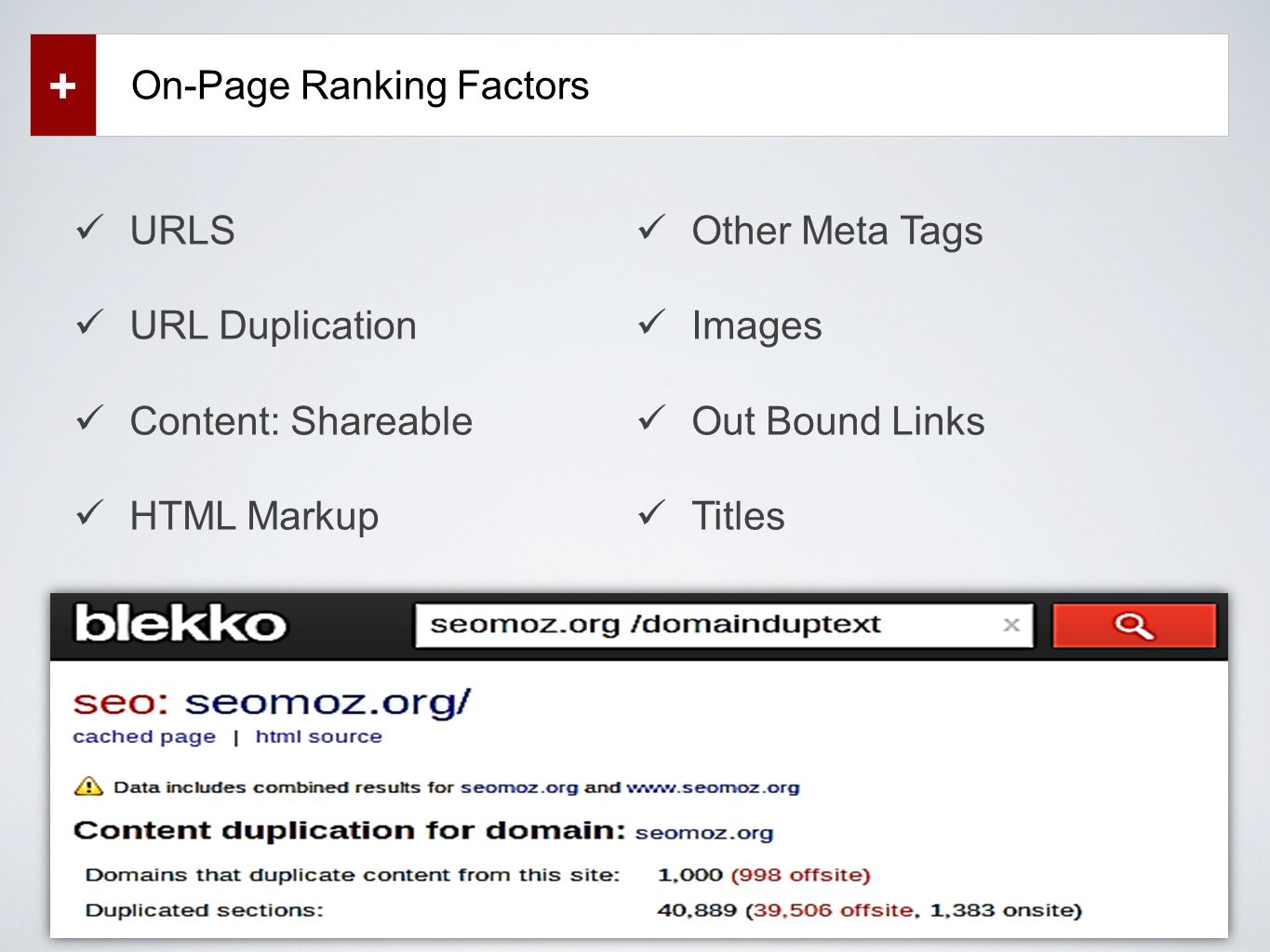 On-Page Ranking Factors + URLS URL Duplication Content: Shareable HTML Markup Other Meta Tags Images Out Bound Links Titles