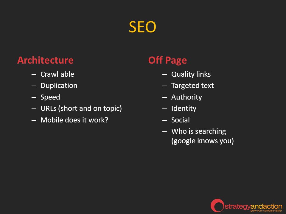 SEO Architecture – Crawl able – Duplication – Speed – URLs (short and on topic) – Mobile does it work.